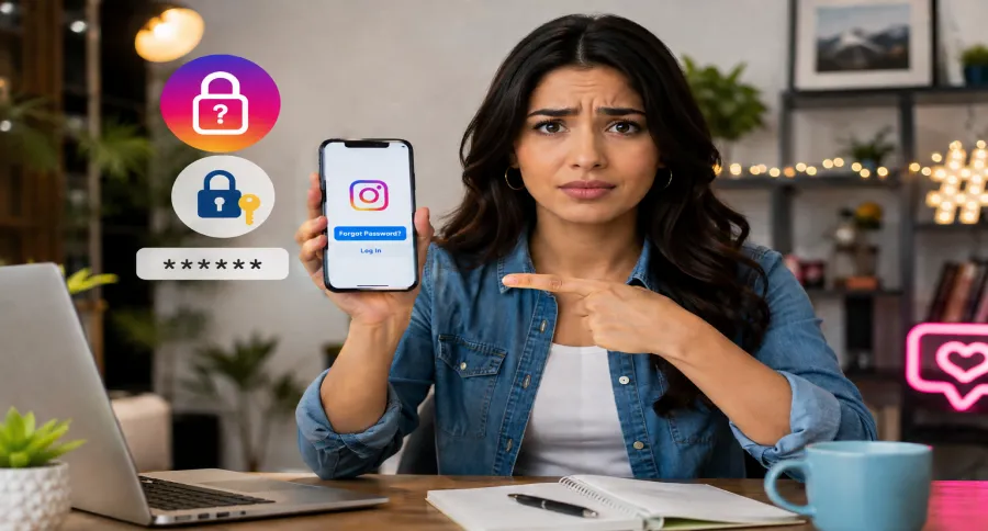 A woman holding a phone with Instagram's forgotten password page open on it