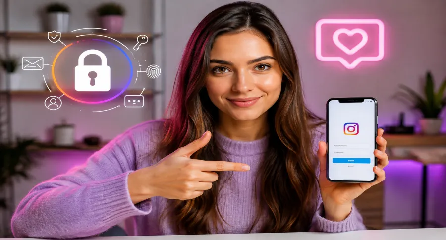 A girl in a purple sweatshirt holding a phone with Instagram open on it