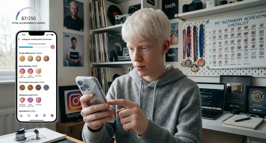 an albino teenager checking his Instagram achievements 