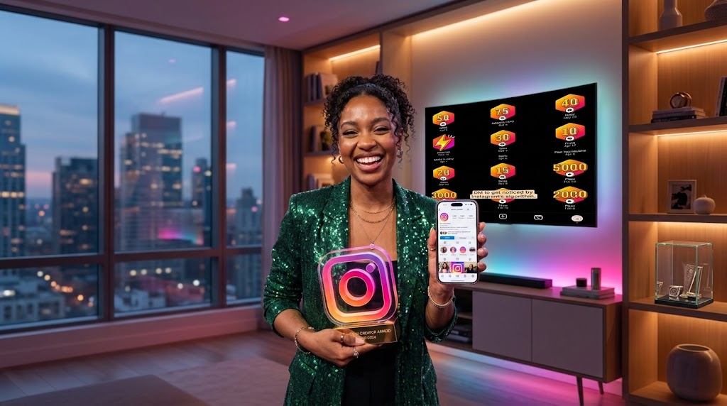 a person ( trendy creator) holding an Instagram shaped trophy while holding a phone open on Instagram