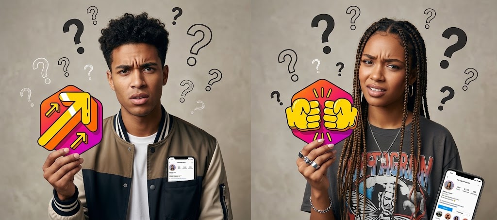 two people holding different Instagram feature logos with a confused face