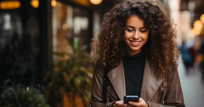 happy girl checking her phone