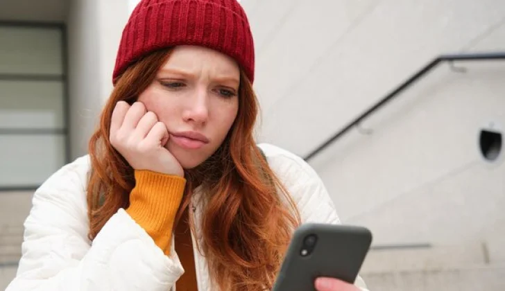 a girl checking her phone looking confused
