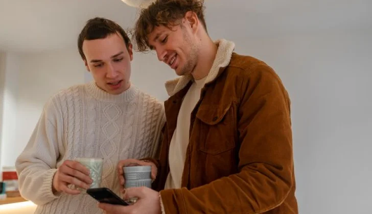 Two guys checking social media