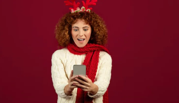 a girl checking her phone wearing Christmas clothes