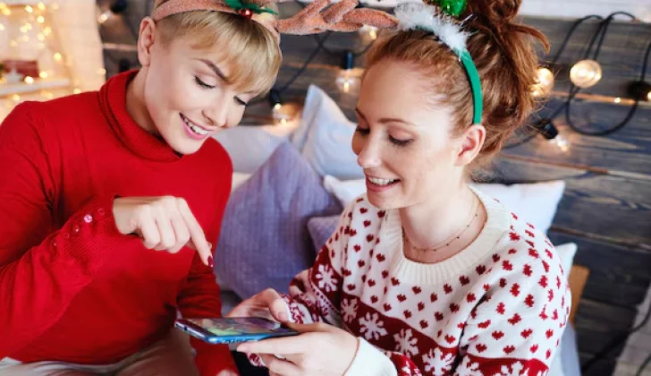 two girls checking their phone on Christmas
