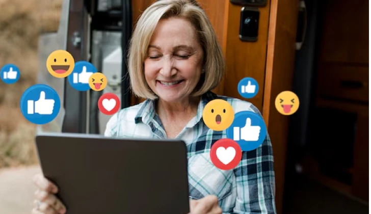 a woman checking her social media looking happy