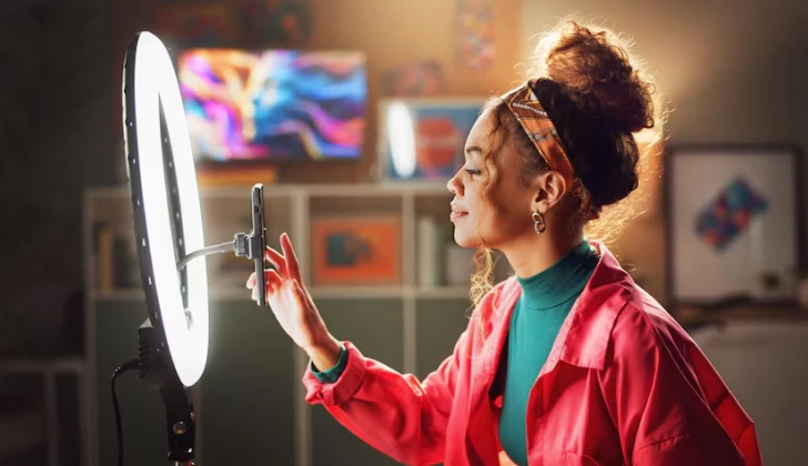 a woman preparing her phone for creating content