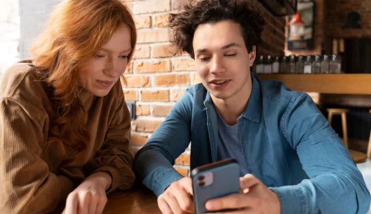 a boy and a girl checking social media