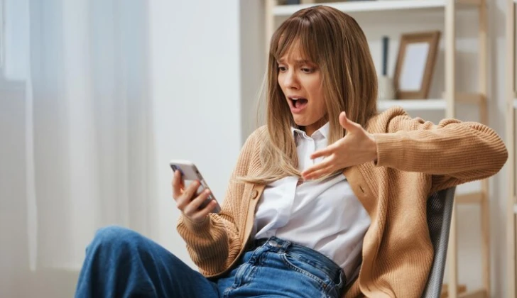 a girl checking phone looking surprised