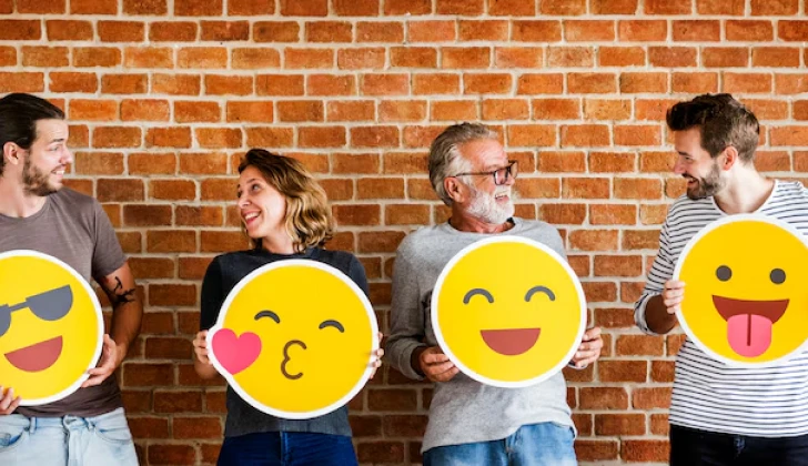 different age groups holding emojis signs