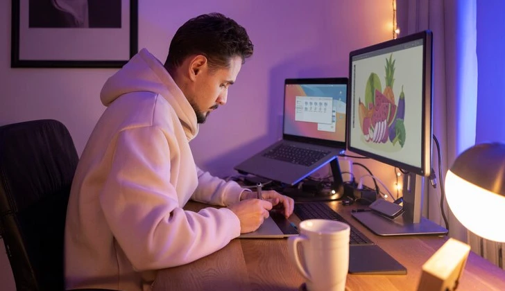 a guy typing behind laptop