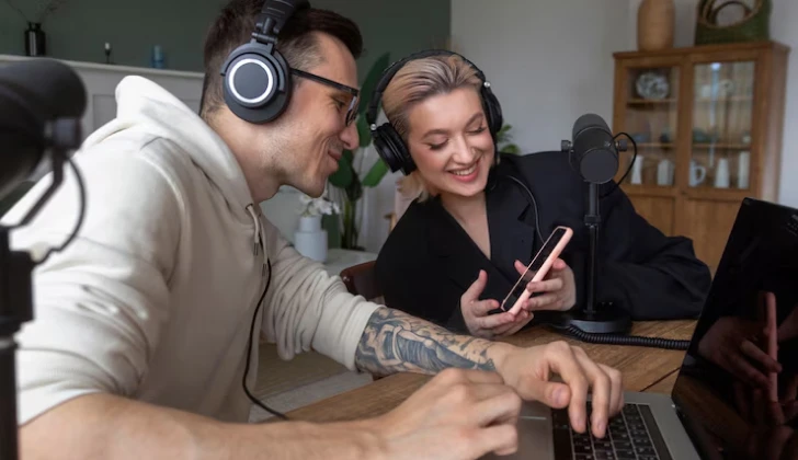 a man and woman checking social media