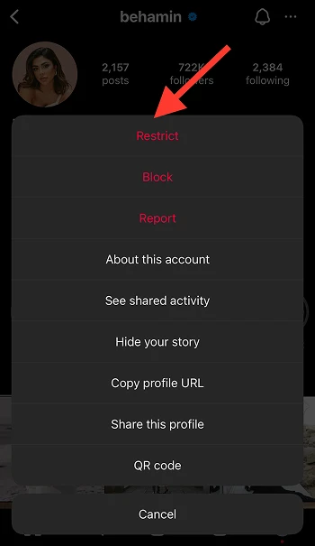 Restrict option on Instagram