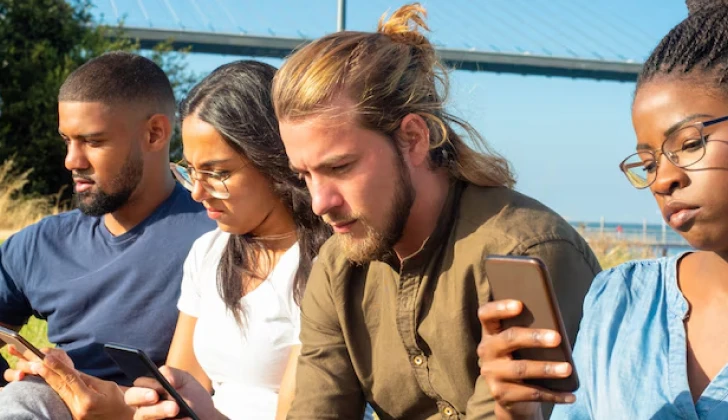 a group of people checking social media