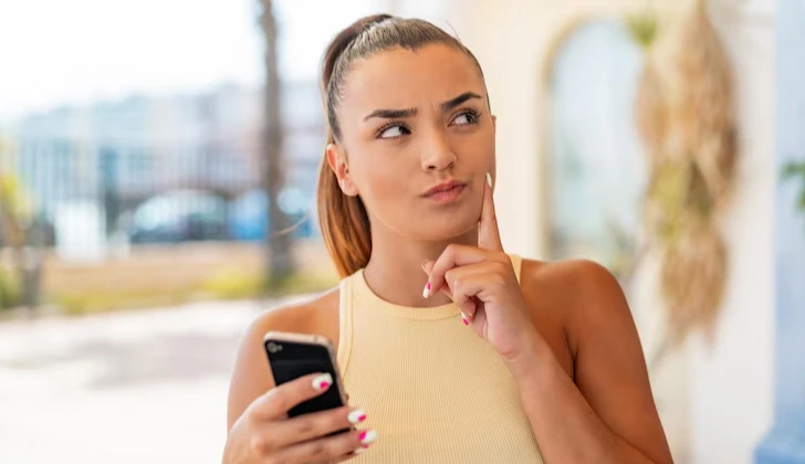 a girl checking her phone thinking