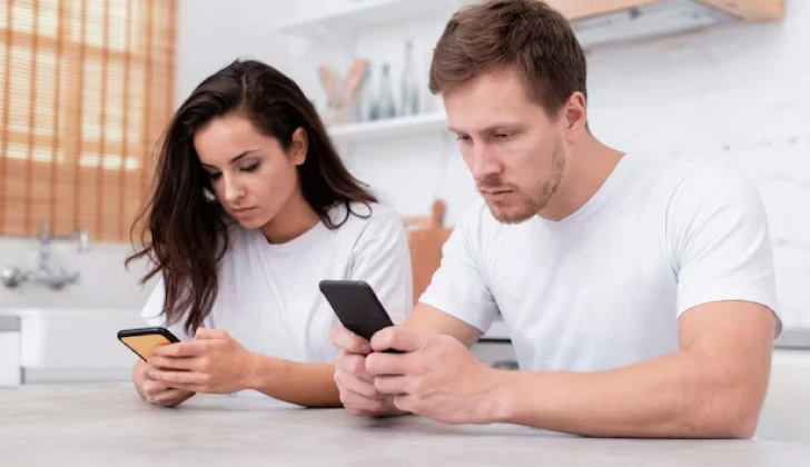 a couple checking their phone
