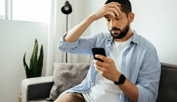 a guy checking his phone looking confused