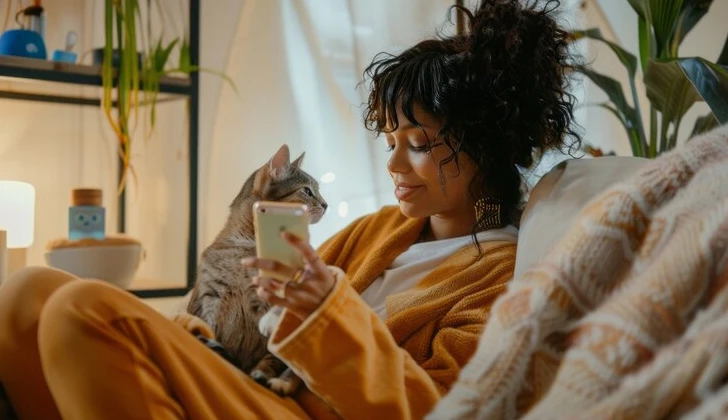a girl checking her phone next to her cat