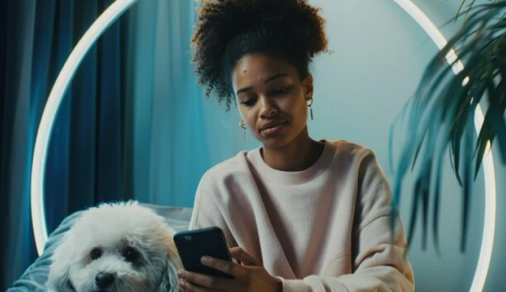 a girl next to her dog using her phone
