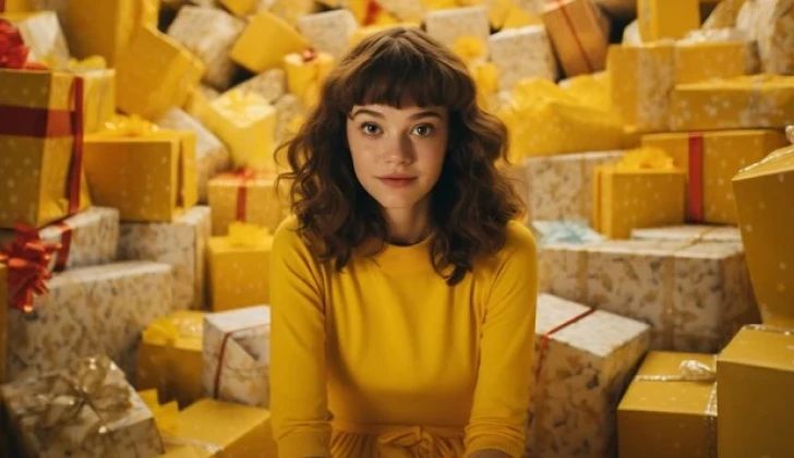 a girl sitting in front of many boxes