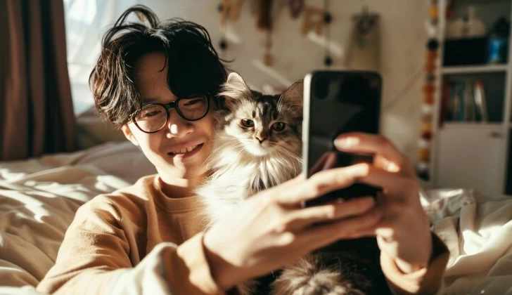 a boy recording a video with a cat