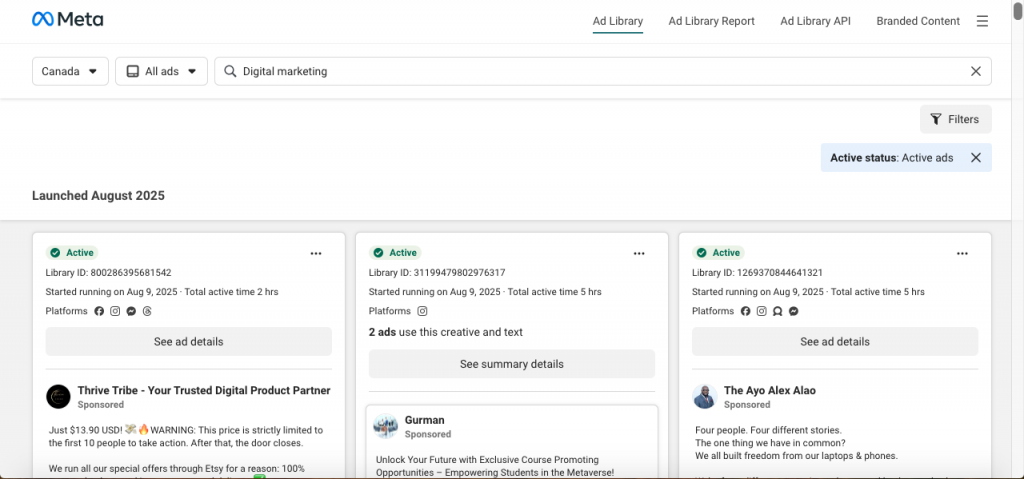 Review the list of ads