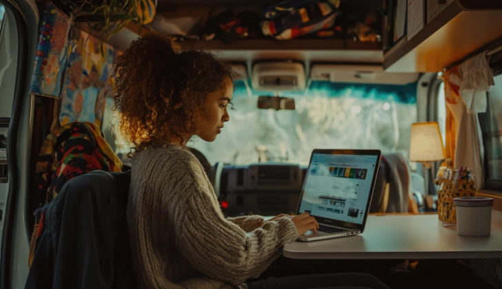 a woman using a laptop in a van