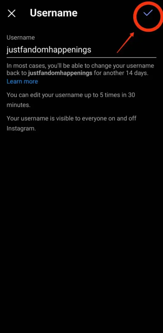 A screenshot showing the Instagram setting with a red flash pointing to a blue tick