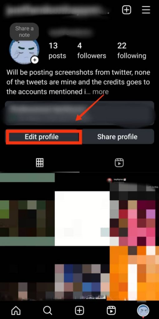 A screenshot showing the Instagram Account with a red arrow pointing to edit the profile option