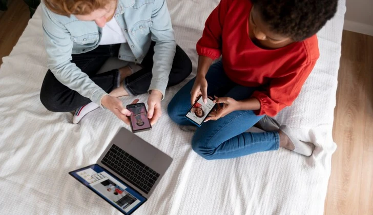 two people checking their phones