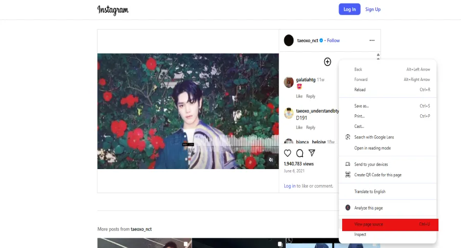 Instagram webpage screenshot