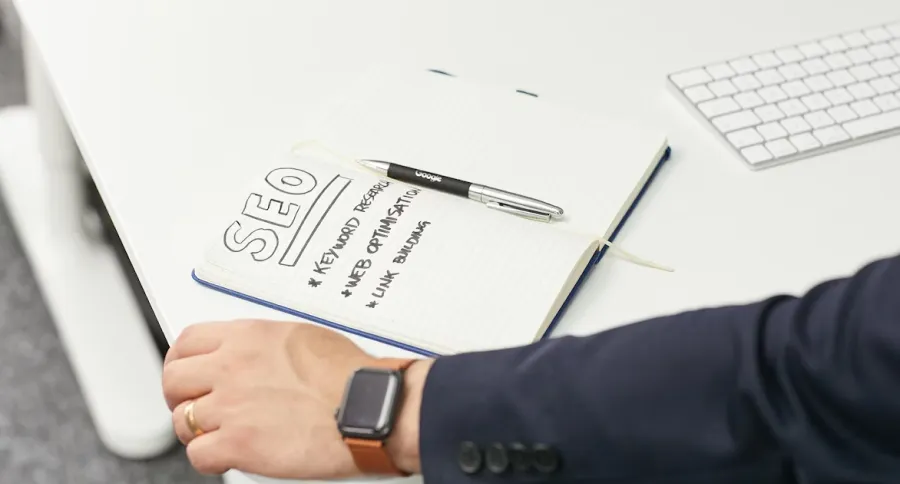 Notebook with the word SEO and related content written on it on a table