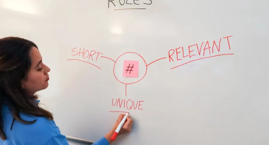 Hashtag symbol with the words Short, Relevant and Unique written on a whiteboard by a woman