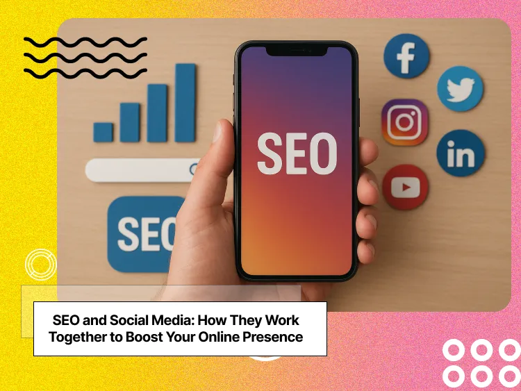 A phone with the word SEO on the screen and multiple social media logos and SEO symbols beside it