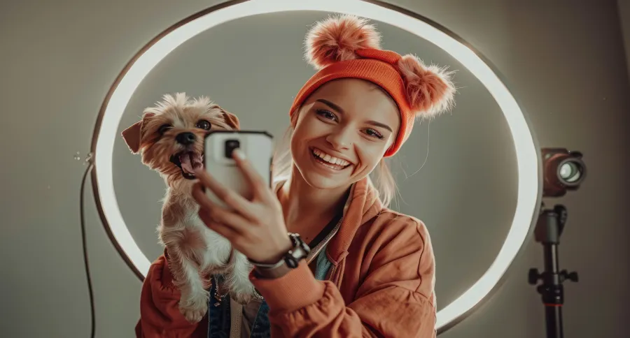 An AI character (female, blond hair) with a dog taking a selfie