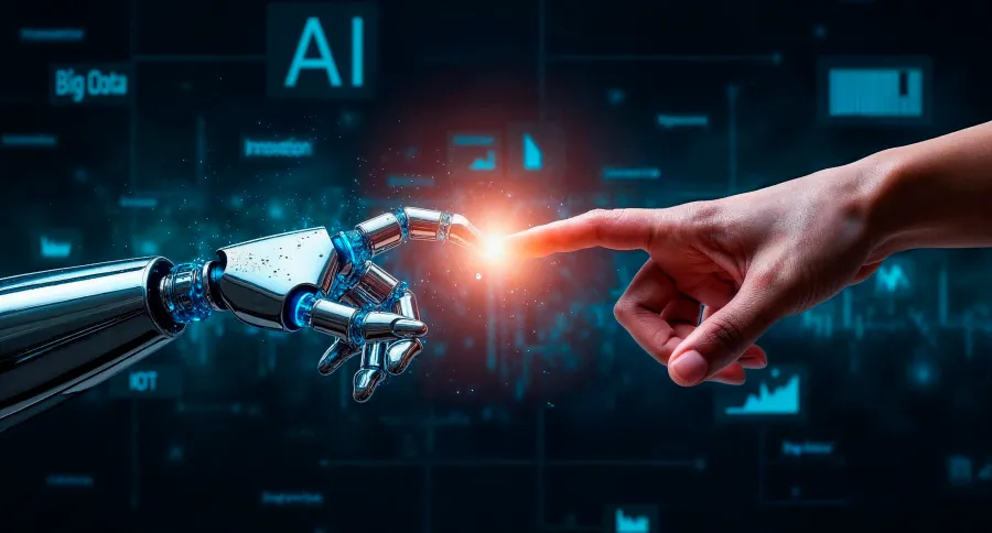 A human hand and a robotic hand touching their point fingers with the word AI in the back ground