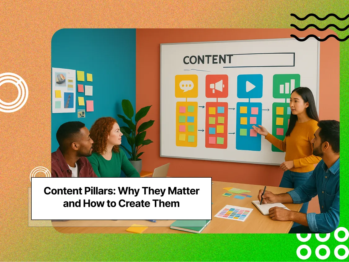 a group of co workers discussing content strategy in a conference room