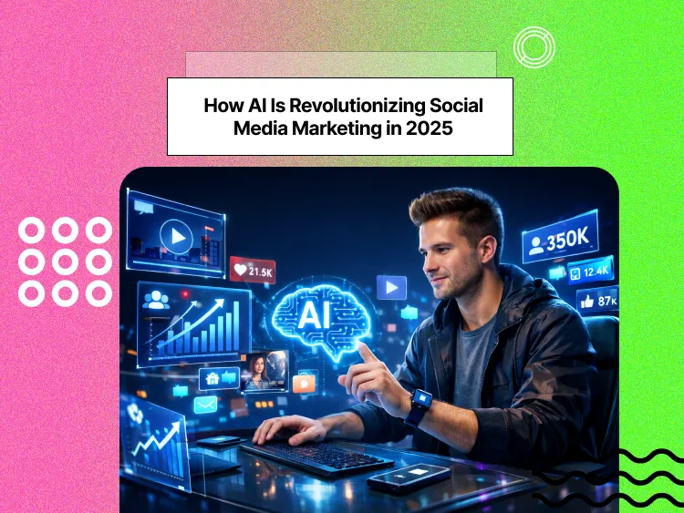 A man in a futuristic office working on his computer with different social media, marketing and AI elements around him