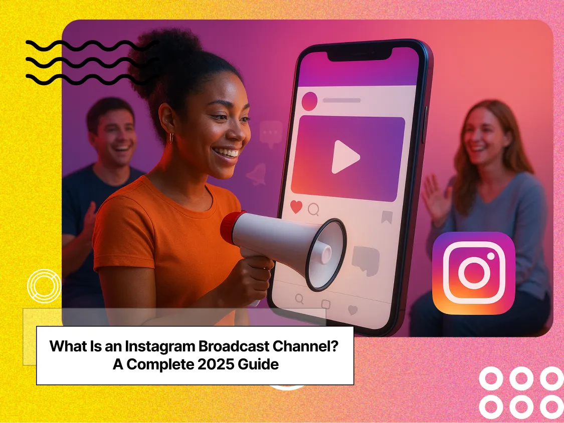 A woman with curly hair looking at phone screen with Instagram's logo on it while holding a megaphone
