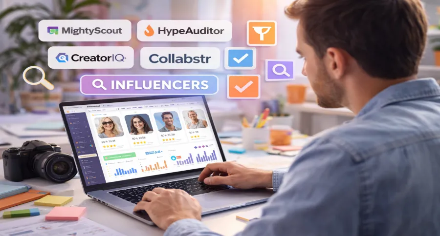 A man working with a laptop looking for different Influencer marketing apps
