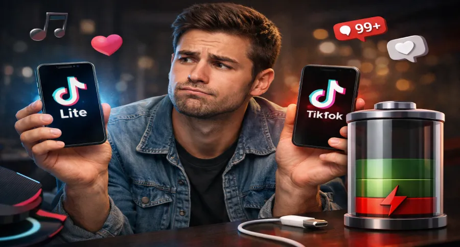 A man holding two phones showing TikTok and TikTok Lite with a big Phone battery element beside him
