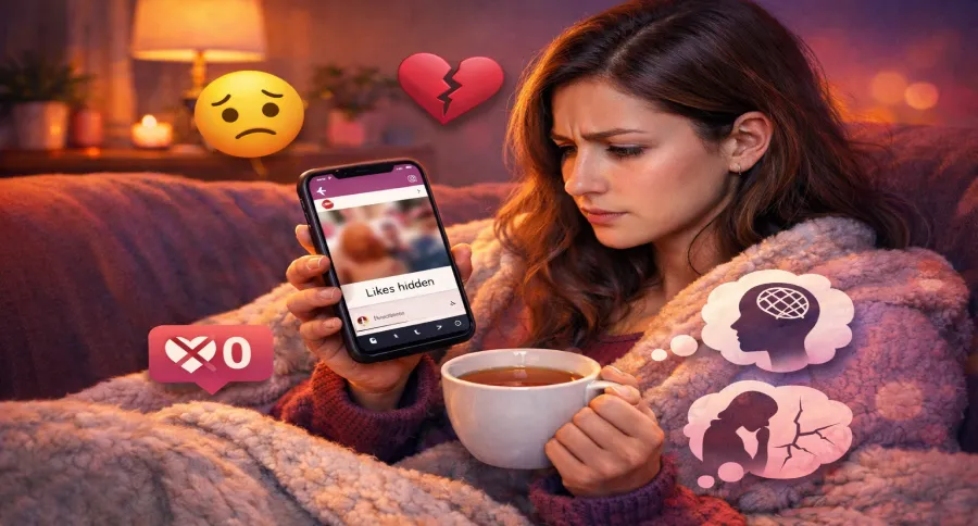 A woman sitting on a couch with a tea and blanket, hiding her likes on her phone with mental health related elements floating around her