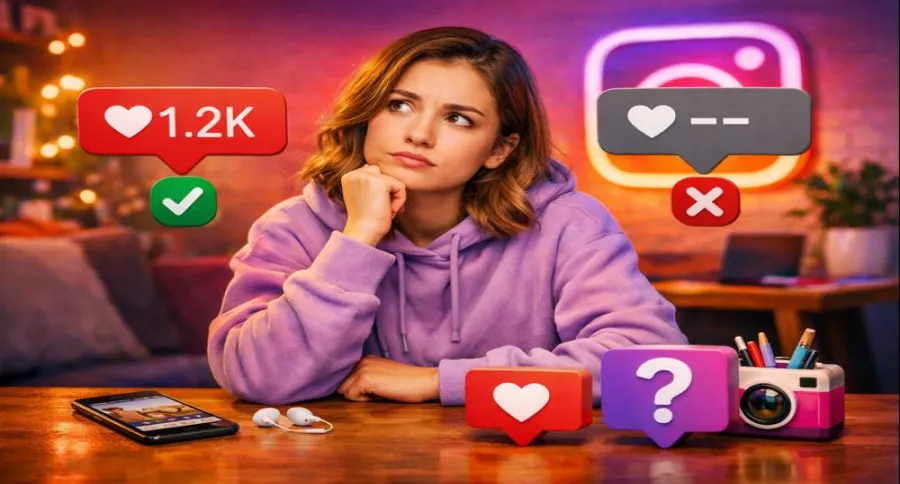 A woman contemplating hiding likes with related Instagram elements all around her