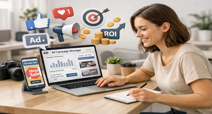 A woman looking at social media AD campaign manager on her laptop
