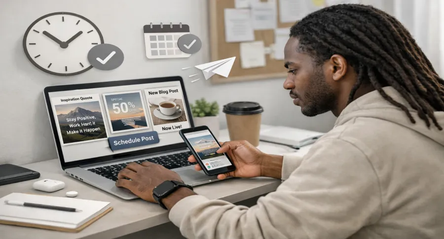 A man working on his laptop scheduling social media posts