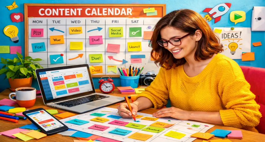 A woman with short hair making a content calendar