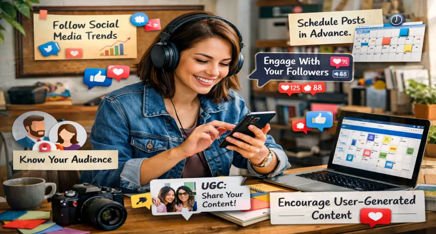 A woman working at a desk with many social media management related topics floating around her