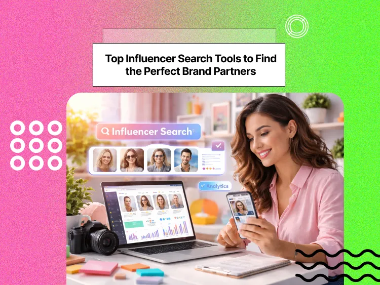 A woman with long hair, looking at a phone and searching for different influencers on her laptop