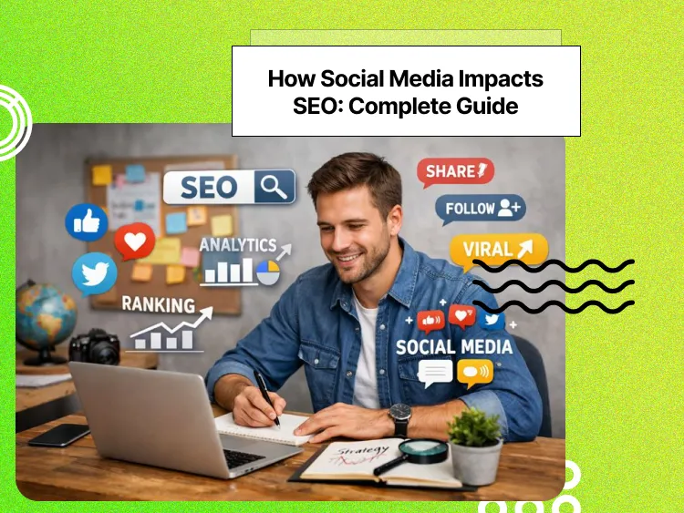 A man working with his laptop with different SEO elements floating around him